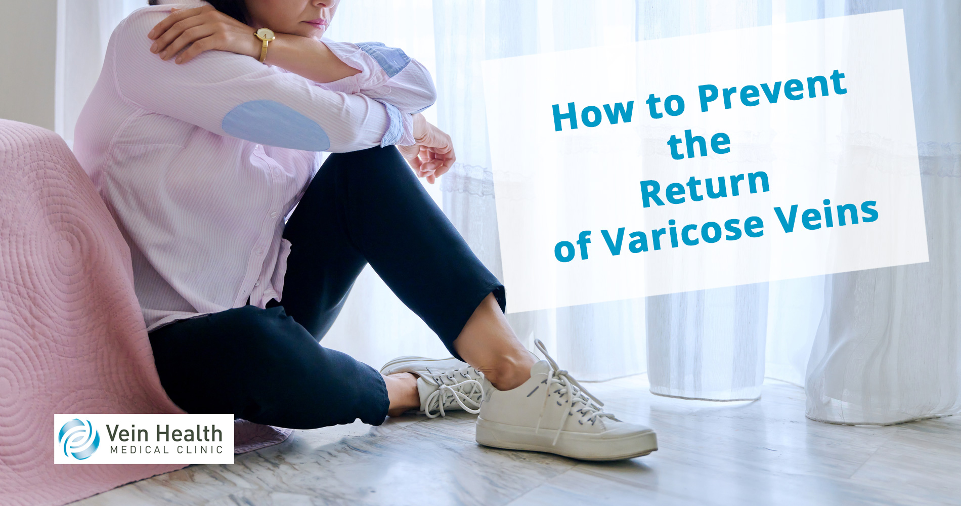 Woman sitting on the floor next to a chair with a health-related informative text about preventing varicose veins.