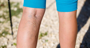 Close-up of a person’s legs showing visible varicose veins on one leg only.