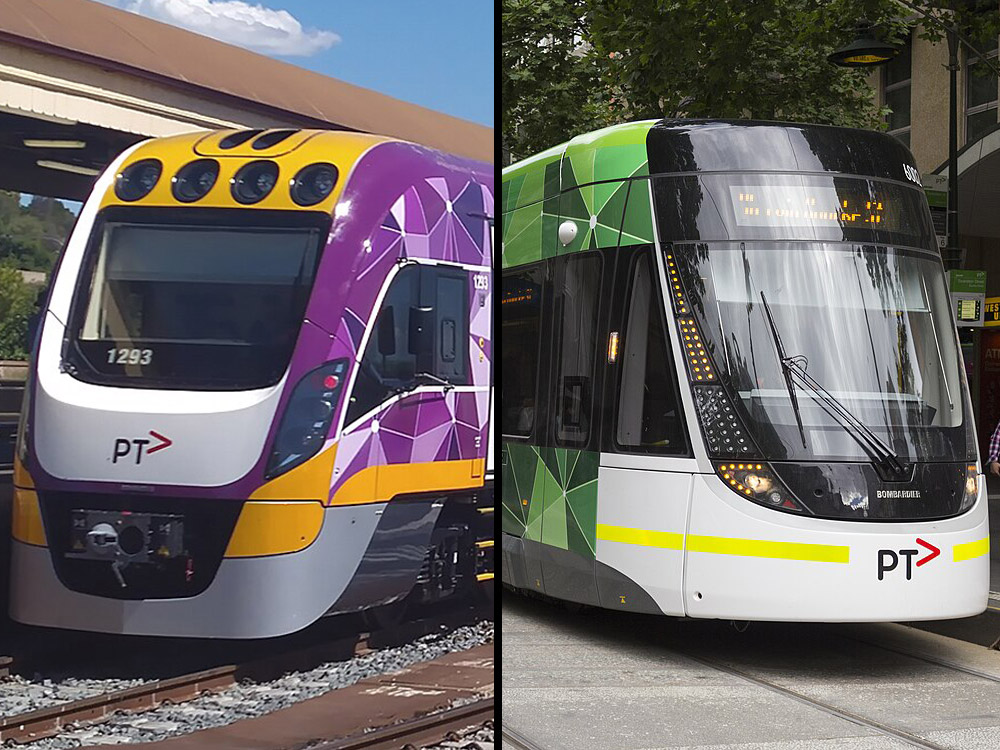 A purple train and a green tram, both marked with the PT logo, are shown side by side in outdoor urban settings—perfect imagery for a regional campaign landing page.