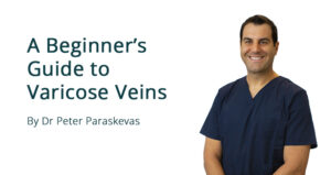 A man in navy medical scrubs stands beside the text “A Beginner’s Guide to Varicose Veins By Dr Peter Paraskevas” on a white background.